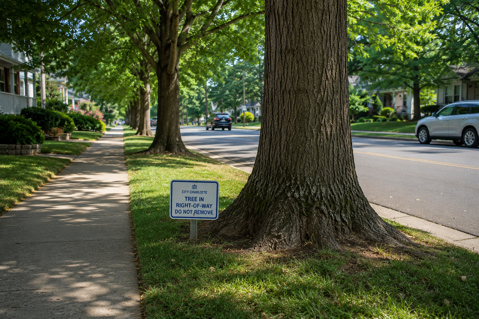 Tree-lined Charlotte NC suburban sidewalk with a small yard sign beside a large tree on a quiet Charlotte residential street
