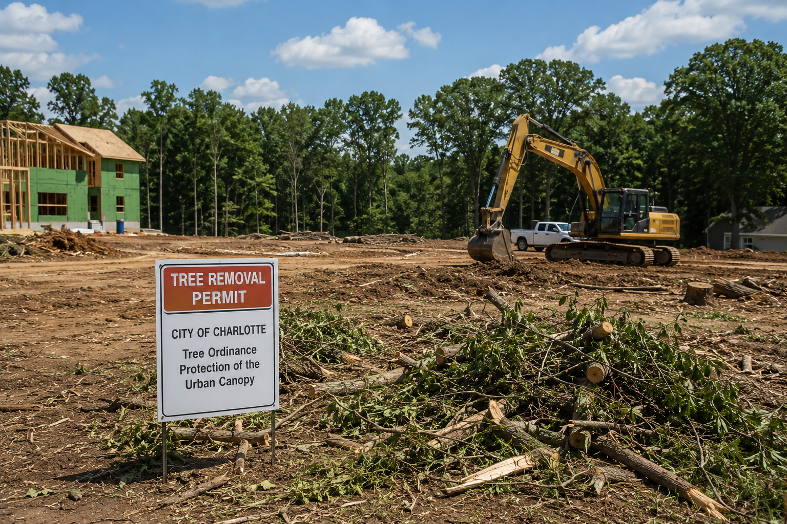 Heavy equipment clearing trees and brush on a development site in Charlotte NC for new construction and land clearing.