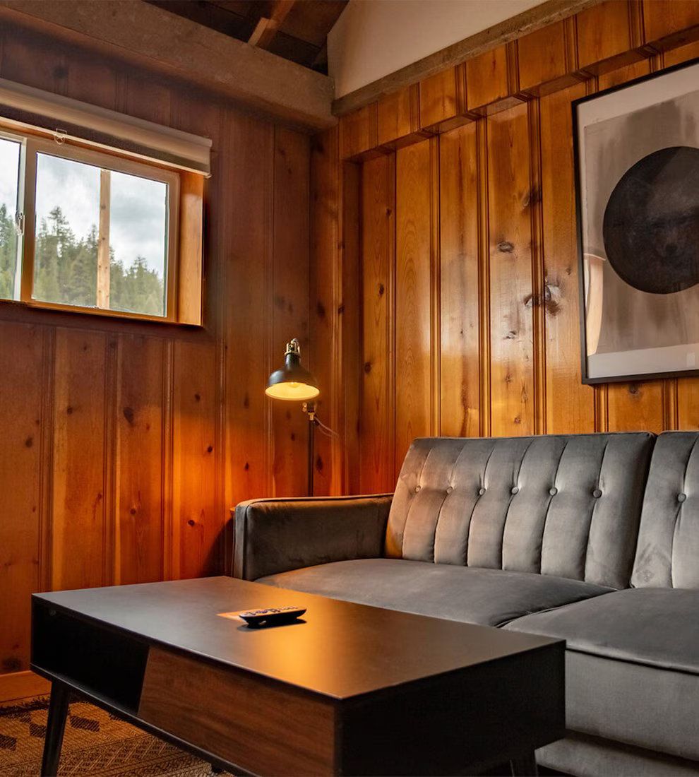 Cozy living room with wood paneling, gray sofa, modern coffee table, and a window.