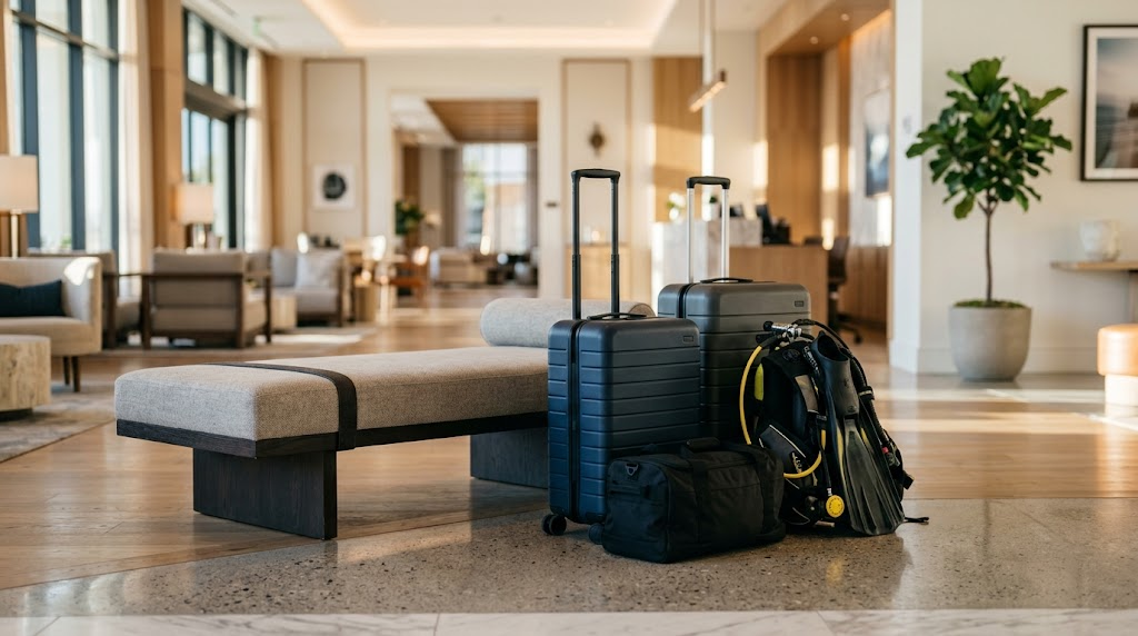 Suitcases and a duffel bag in a bright hotel lobby with seating and tall windows