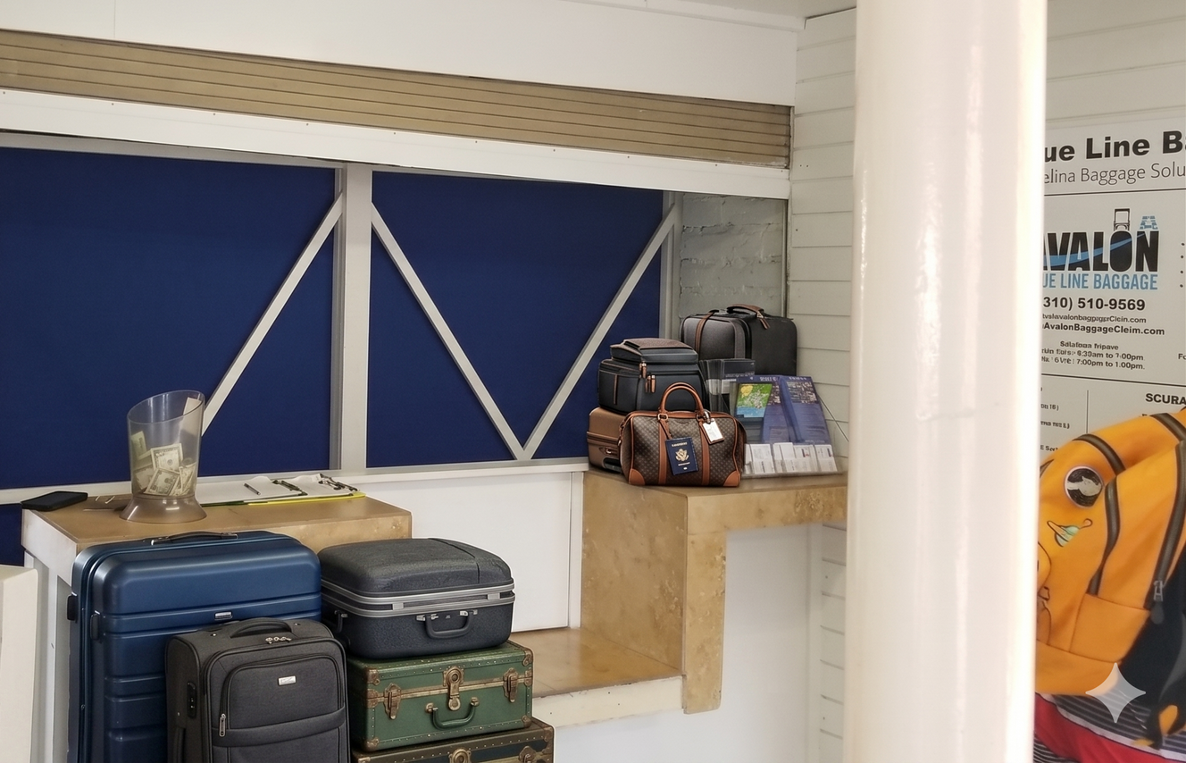 Store aisle with stacked luggage and boxes in front of a blue wall display