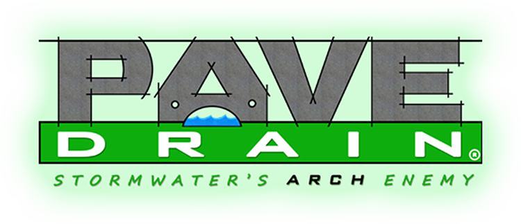 PAVE DRAIN logo in gray and green with the tagline “Stormwater’s arch enemy”