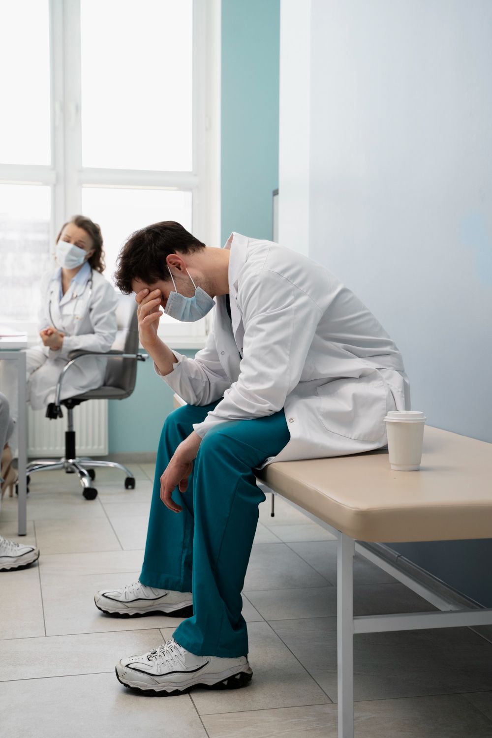 Masked doctor sitting hunched on a bench in a clinic waiting room, head in hand, with another masked person nearby
