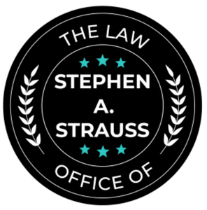 Black circular law office logo reading