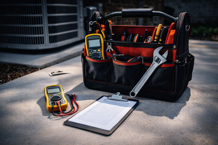 Toolbox with tools, multimeter, and clipboard next to an air conditioning unit on concrete.