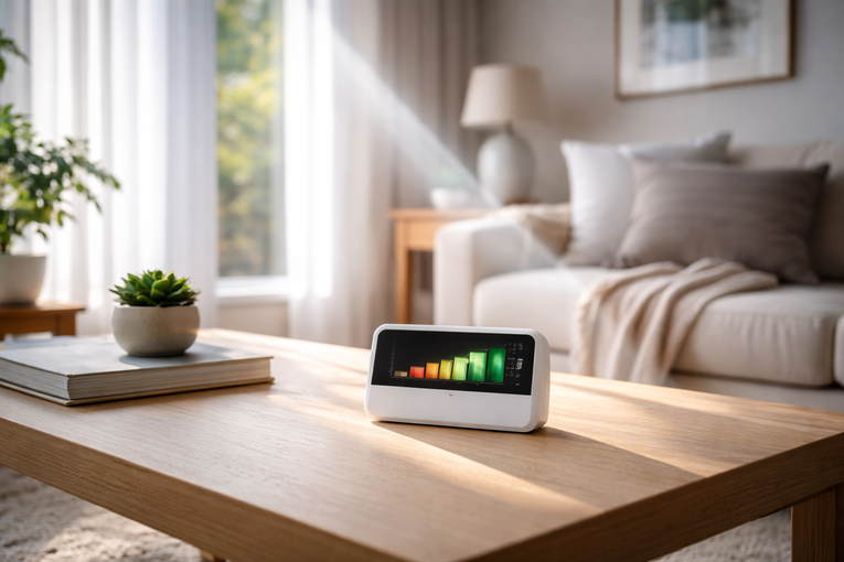 A device on a wooden table displays signal strength bars in a living room with sunlight.