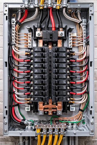 Electrical panel with black circuit breakers and wiring. Red, black, white, yellow, and green wires are visible.