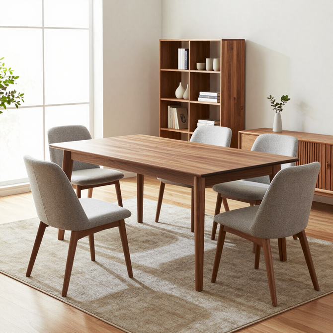 Modern dining room with wooden table, six upholstered chairs, rug, and shelving unit by a bright window