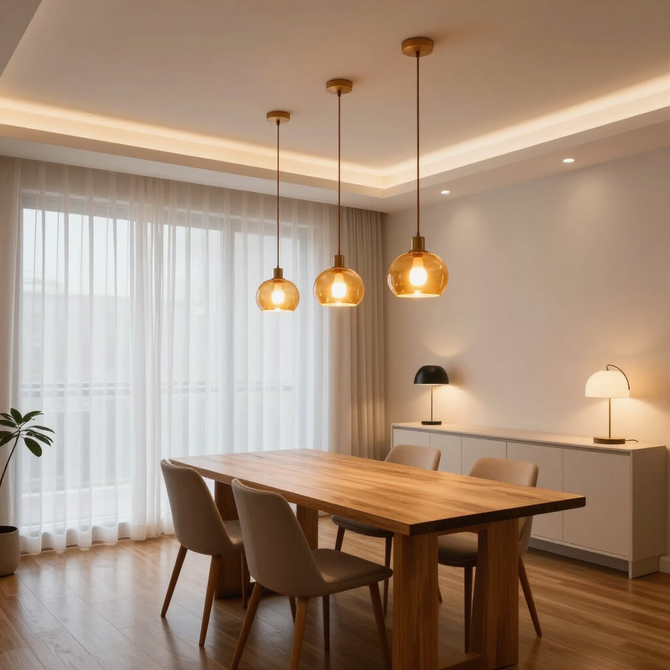 Modern dining room with wooden table, tan chairs, pendant lights, and sheer curtains