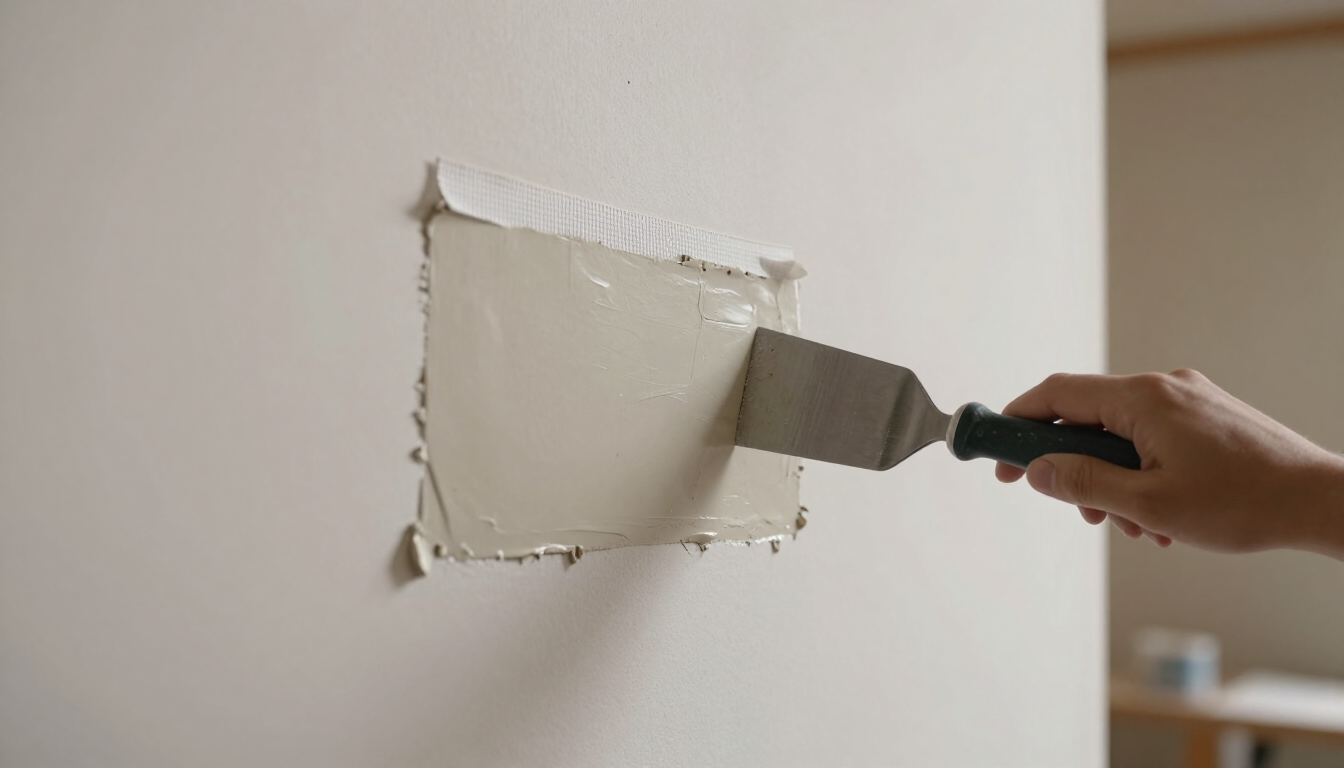A hand uses a putty knife to spread joint compound over a wall patch.