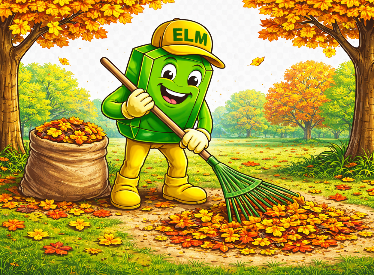 A smiling, green rectangular mascot wearing an ELM cap and yellow boots rakes autumn leaves into a burlap bag outdoors.
