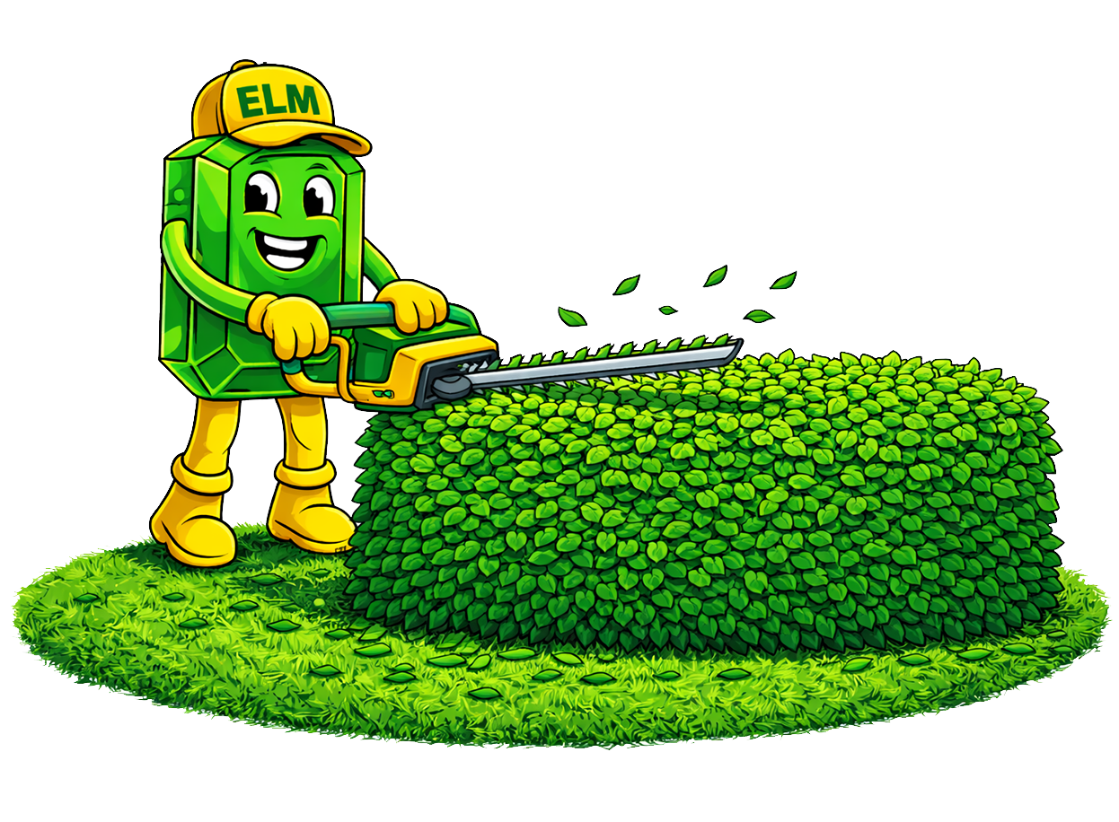 A green gem mascot wearing a yellow hat and boots trims a dense green hedge with a power trimmer.