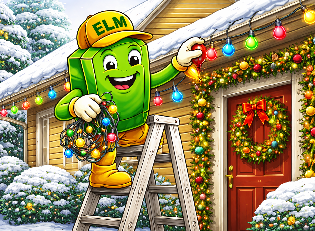 A cheerful green mascot wearing an ELM cap stands on a ladder, hanging colorful holiday lights on a snowy house.