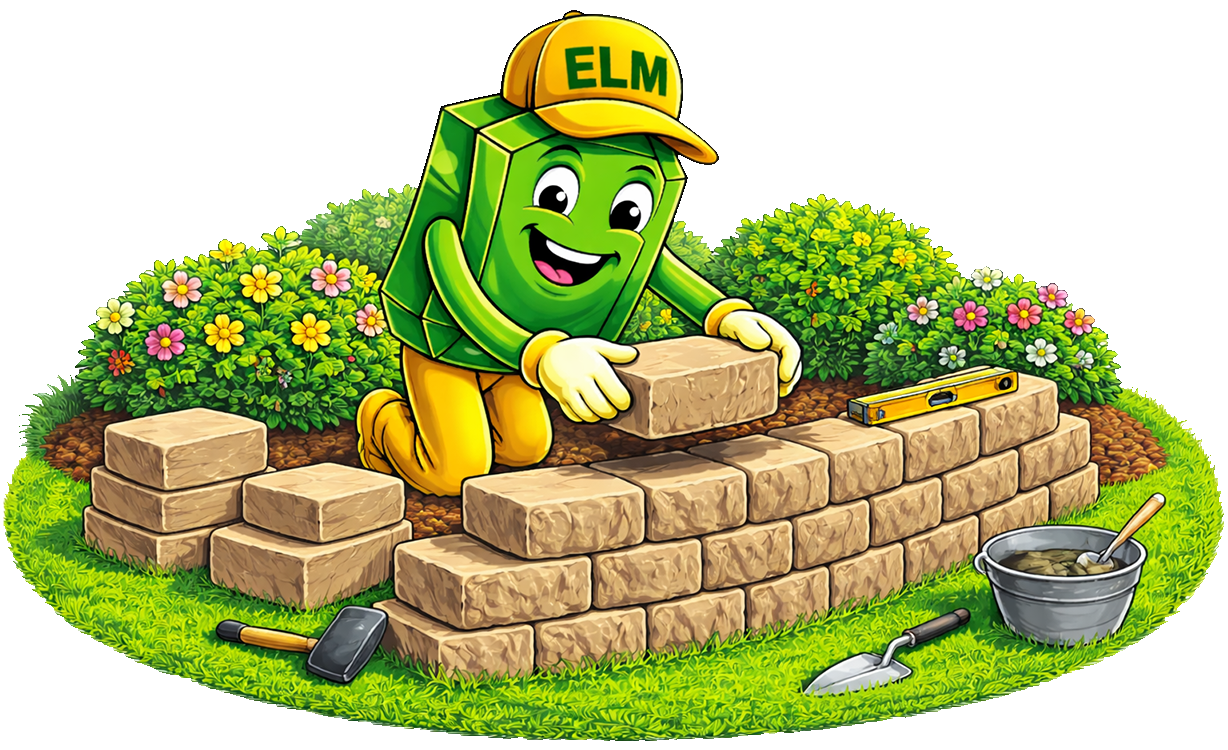 A cheerful green cartoon character wearing an ELM cap building a brick wall in a garden with landscaping tools.
