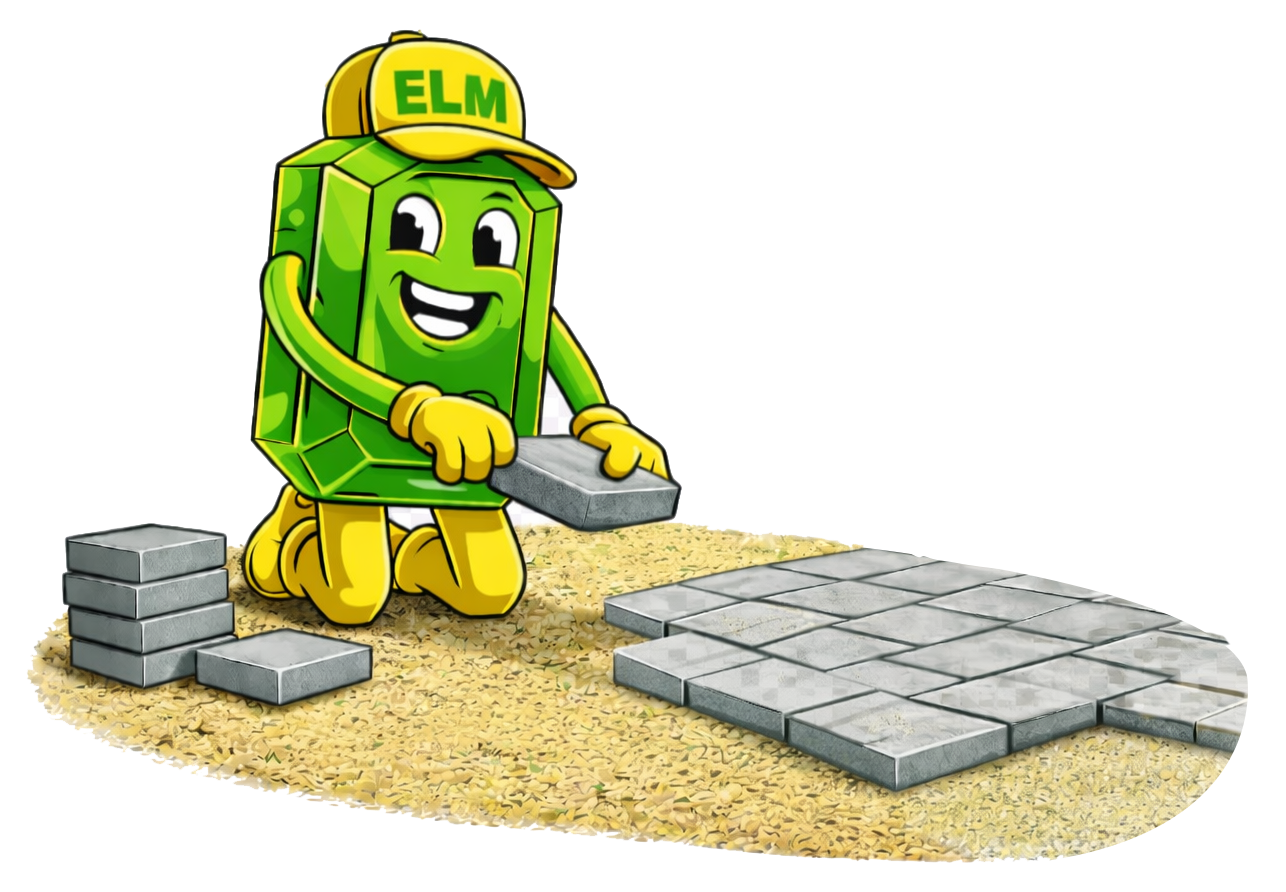 A green gemstone mascot wearing an ELM cap kneels on sand, placing grey paving stones onto a patio.