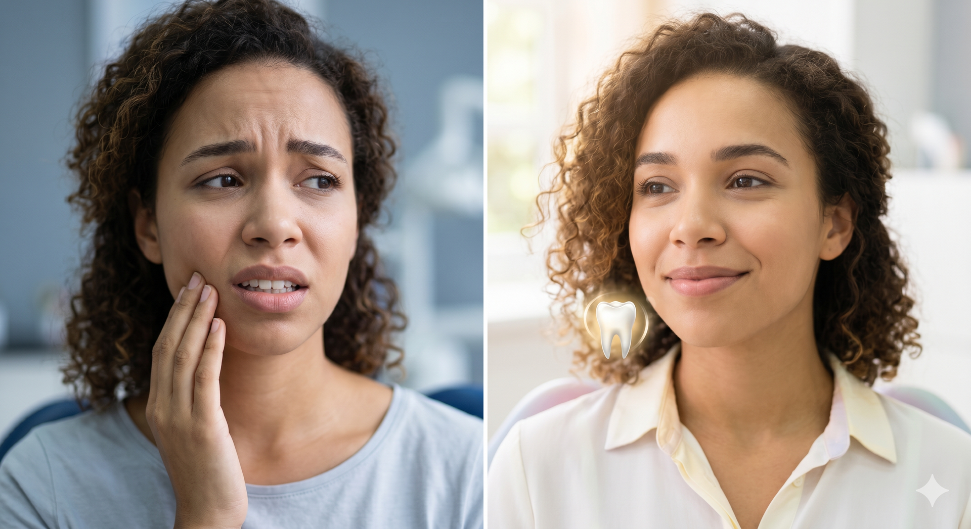 Split-screen portrait of a worried woman with a toothache, then smiling with relief