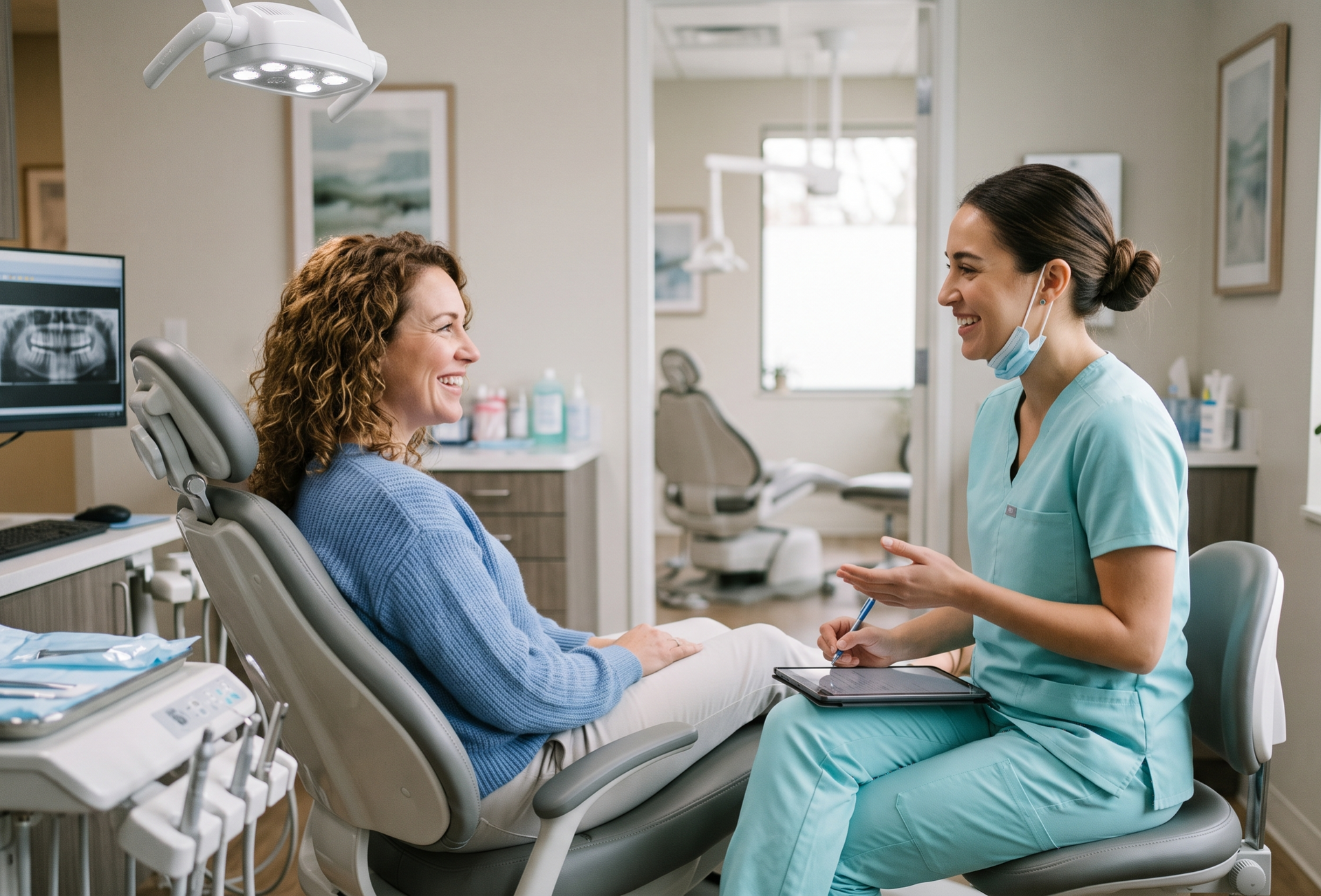 Patient talking with a dentist in a bright dental exam room, seated in a reclined chair.