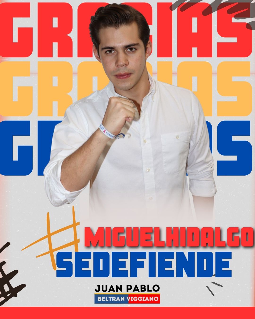 Man in white shirt posing before a colorful “Groñas” event poster with text “Miguel Minalco Sedefine” and “Juan Pablo.”