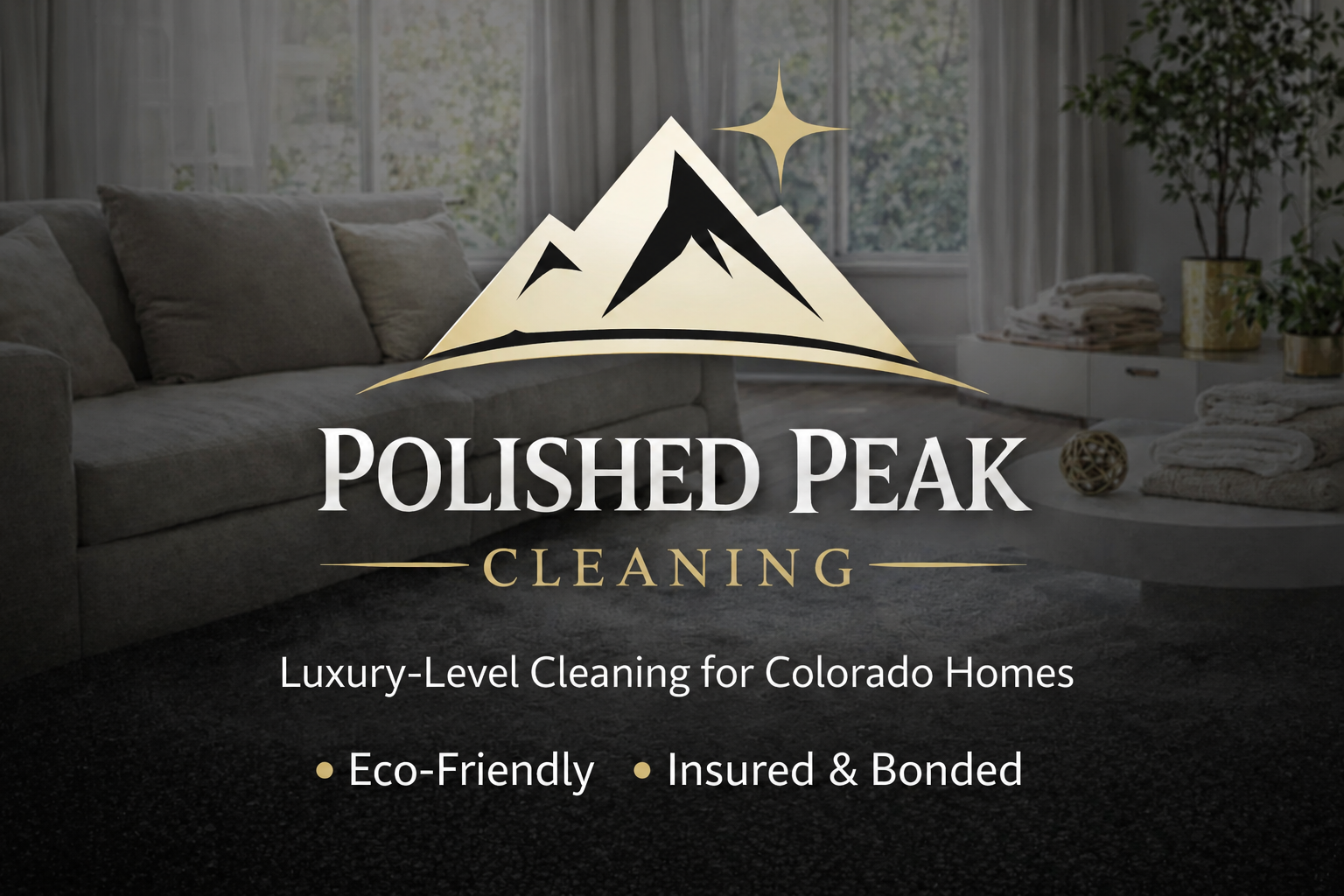 Polished Peak Cleaning logo over a living room, with luxury-level cleaning for Colorado homes and businesses.