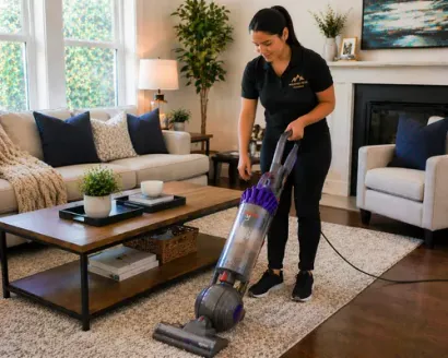 Woman vacuuming a living room with a purple and gray upright vacuum, near a sofa and fireplace.