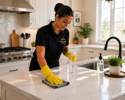 Woman cleaning a marble kitchen counter with a spray bottle and cloth, wearing yellow gloves.