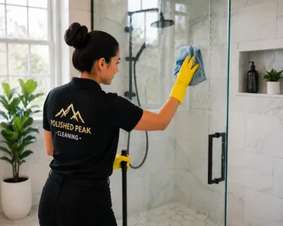 Cleaner in black shirt wiping a glass shower door with a yellow cloth in a bright bathroom