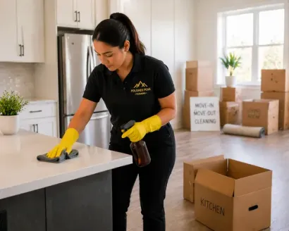 Cleaner wiping a kitchen counter with boxes labeled moving out cleaning in the background