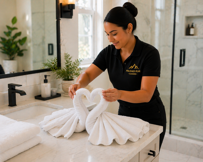 Cleaner in black shirt wiping a glass shower door with a yellow cloth in a bright bathroom