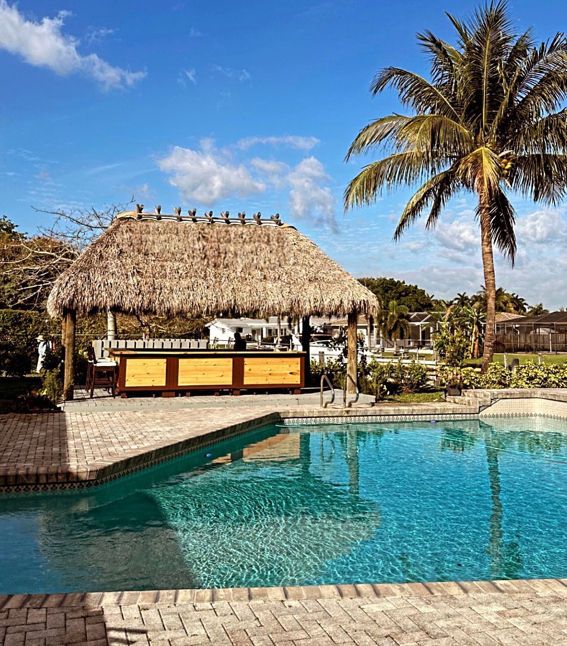 Tropical resort pool with a thatched bar and palm trees under a blue sky