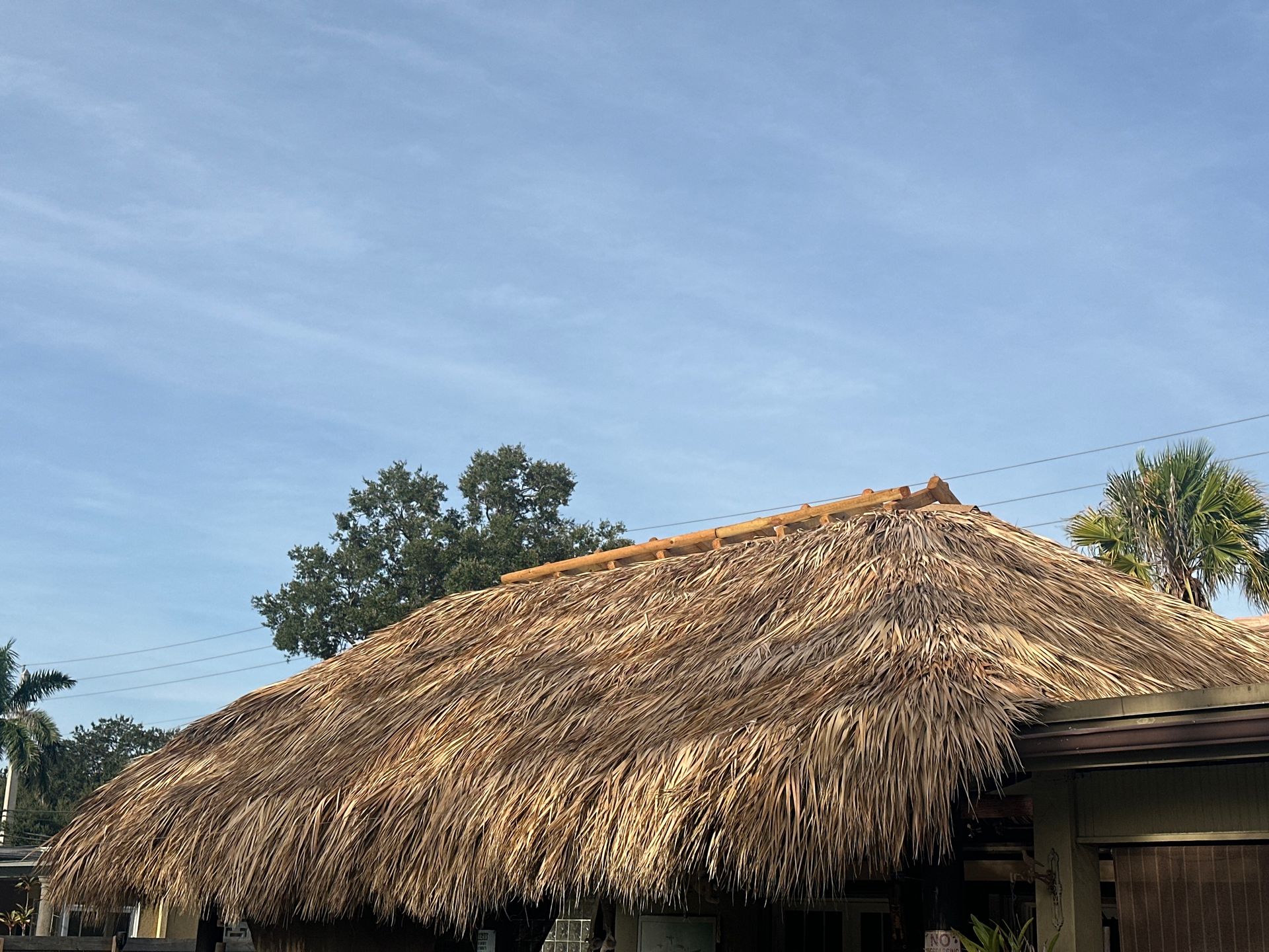 Thatched-roof hut under a blue sky with trees in the background