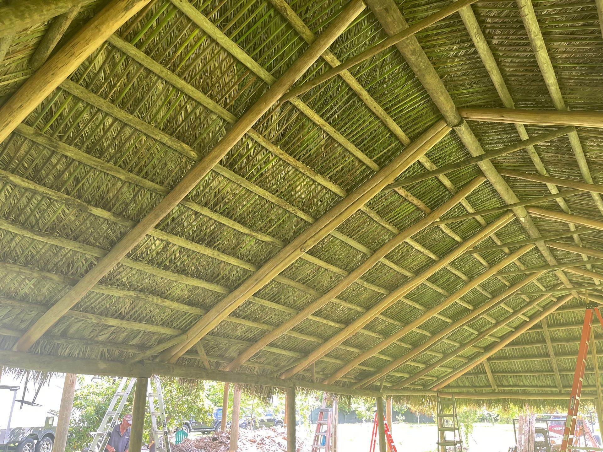 Thatched roof pavilion interior with wooden beams and green foliage visible through the sides