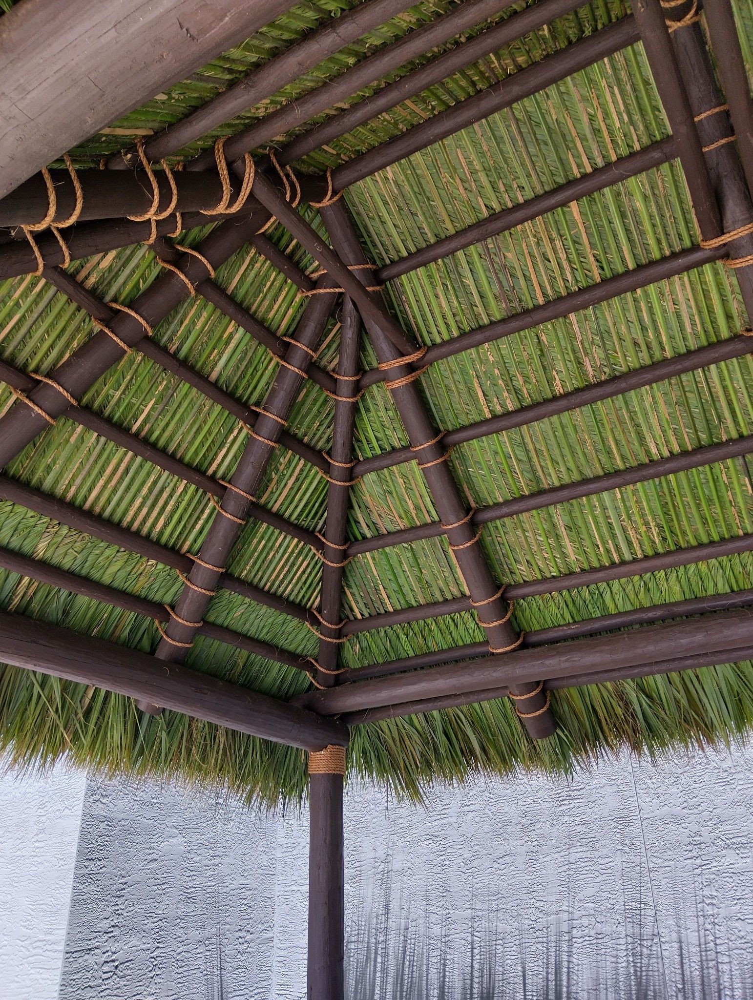 Thatched gazebo roof with wooden beams against a green background and water below