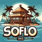 SOFLO Tikis logo with a tiki hut on water, palm trees, and a tropical sunset scene