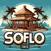 SOFLO Tikis logo with a tiki hut on water, palm trees, and a tropical sunset scene
