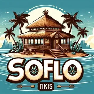 SOFLO Tikis logo with a tiki hut on water, palm trees, and a tropical sunset scene