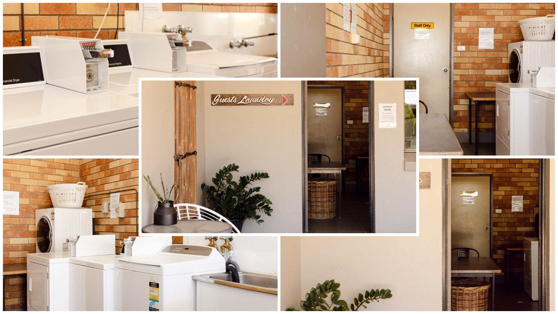 A collage of pictures of a laundry room with a brick wall.