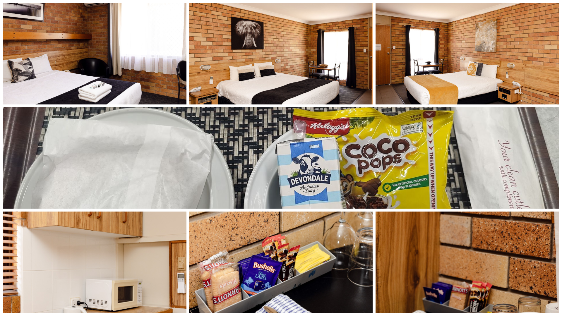 A collage of photos of a hotel room with a bed and a bag of coco pops.