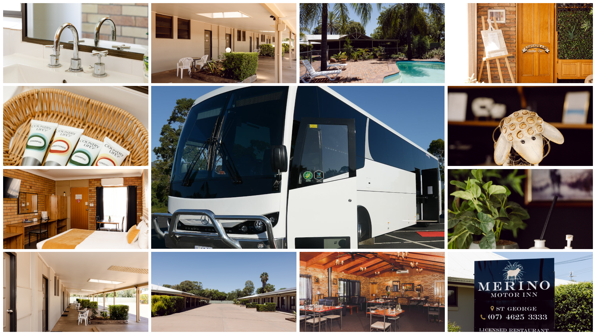 A collage of pictures including a bus and a merino sign