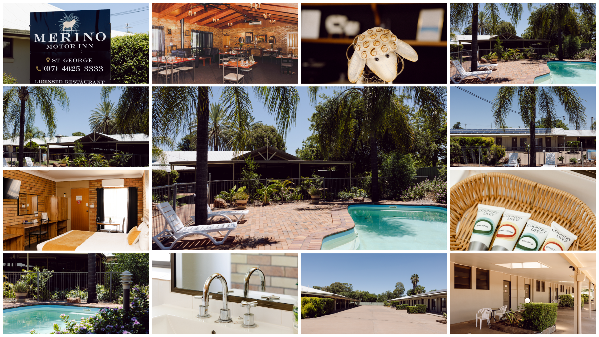 A collage of photos of a hotel called merino Pool area