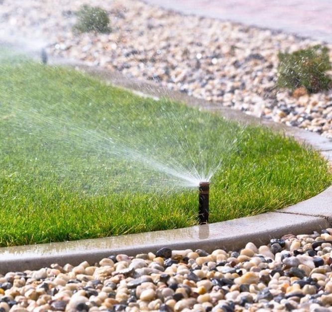 Een gazonsproeier besproeit een groene tuin naast een gebogen stenen border.