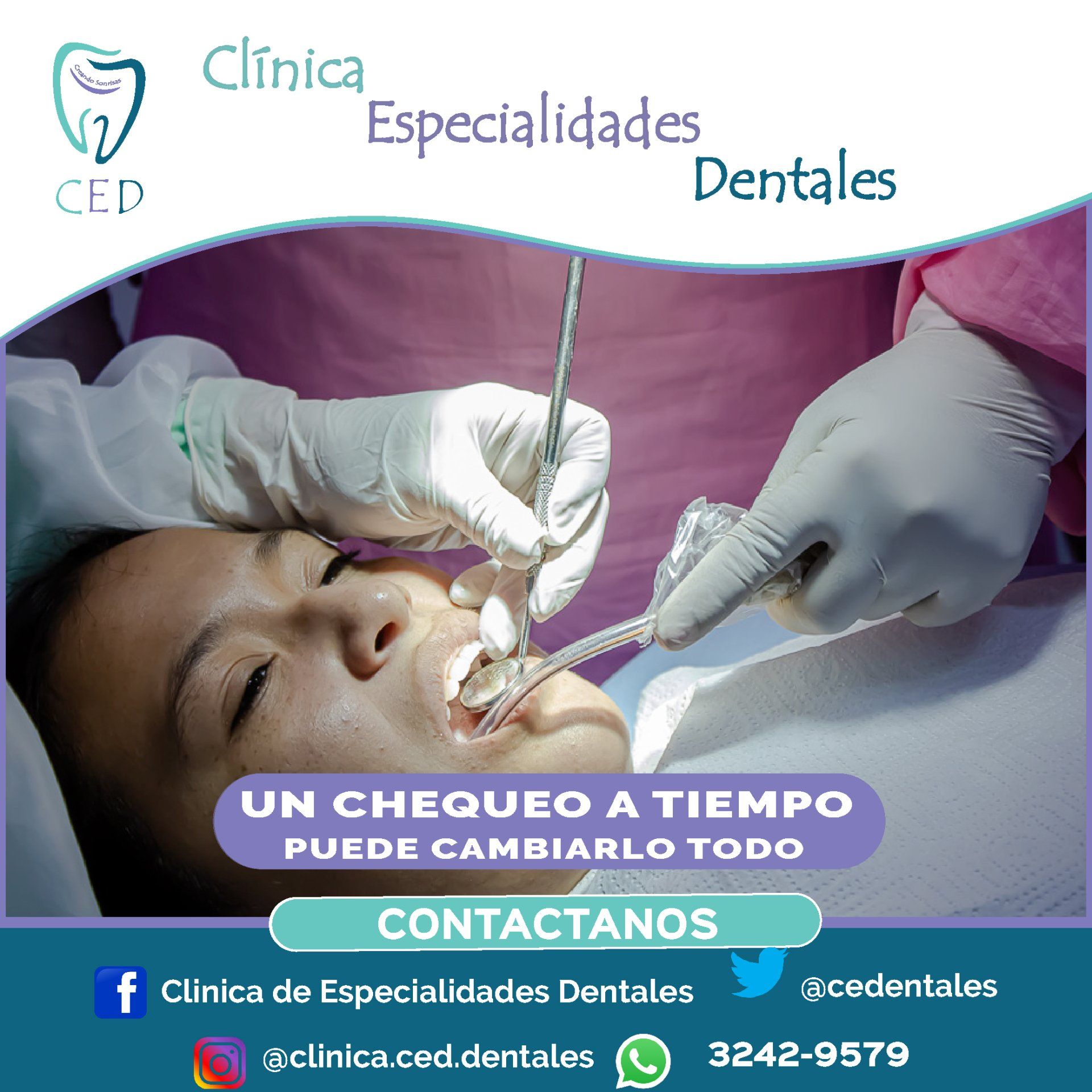 Dentist treating a patient in a dental clinic with slogan “Un chequeo a tiempo puede cambiarlo todo”