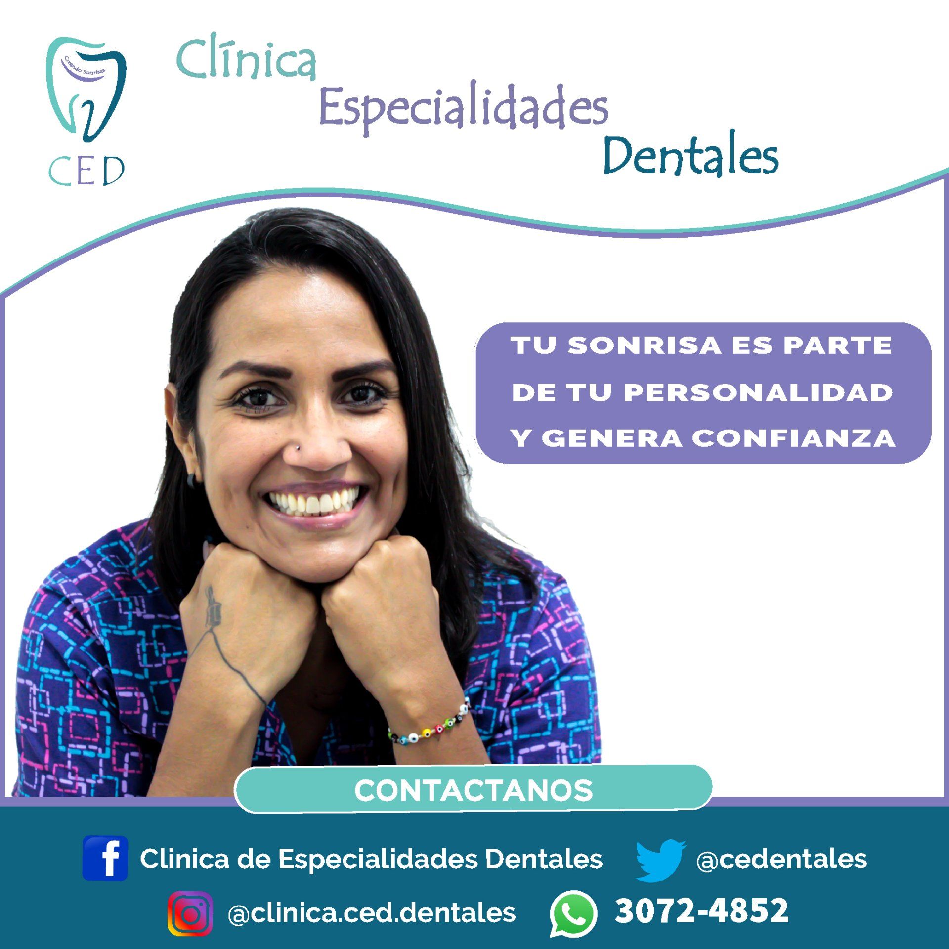 Anuncio de Clínica Dental CED con una mujer sonriente, eslogan y botón “Contáctanos” en morado y verde azulado.