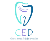 Logo de CED Clínica Especialidades Dentales con diente estilizado en turquesa y azul.