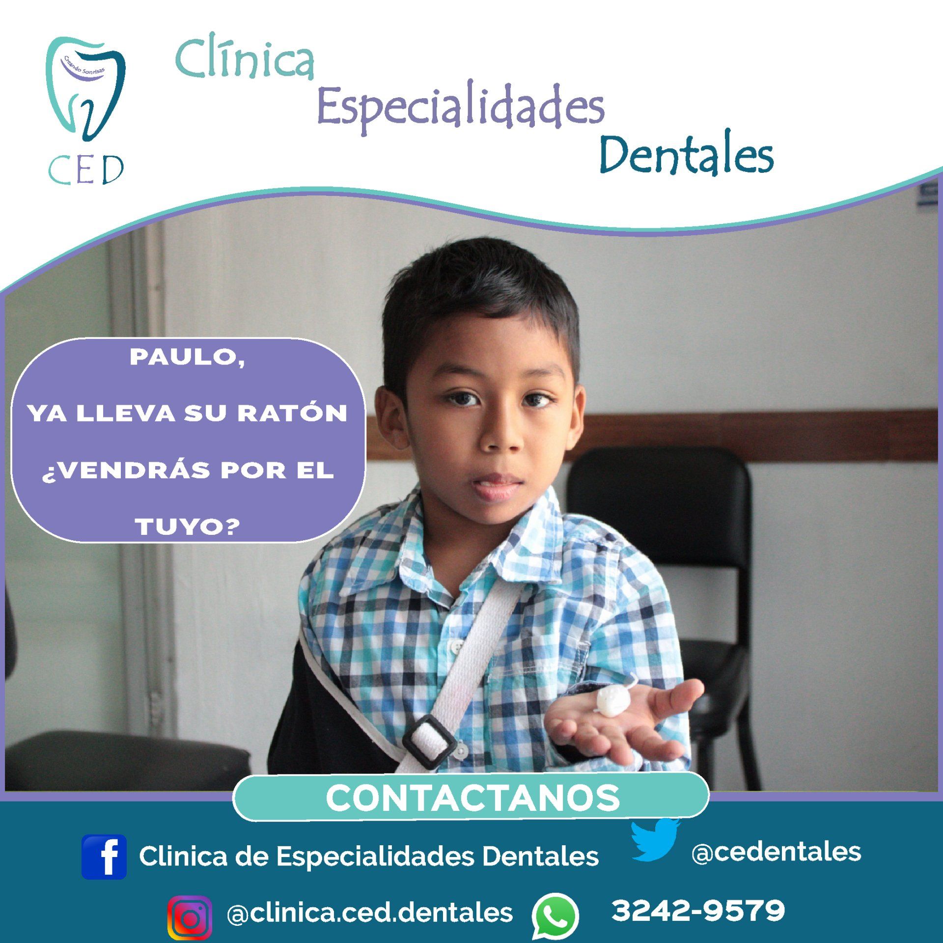 Niño en una clínica dental con mensaje de contacto y botón “Contáctanos”.