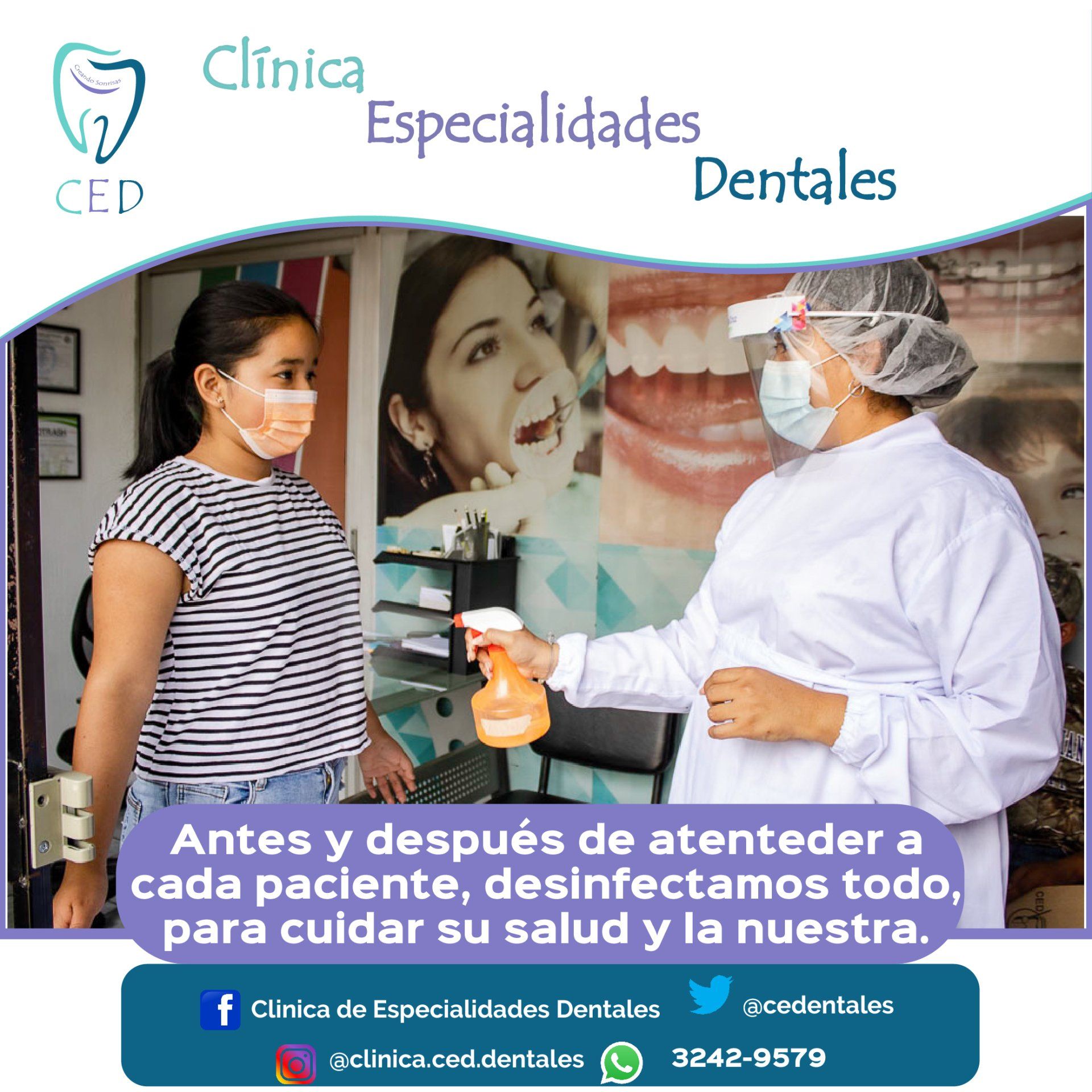 Clinica dental desinfecta y atiende a una paciente con mascarilla frente a la entrada.