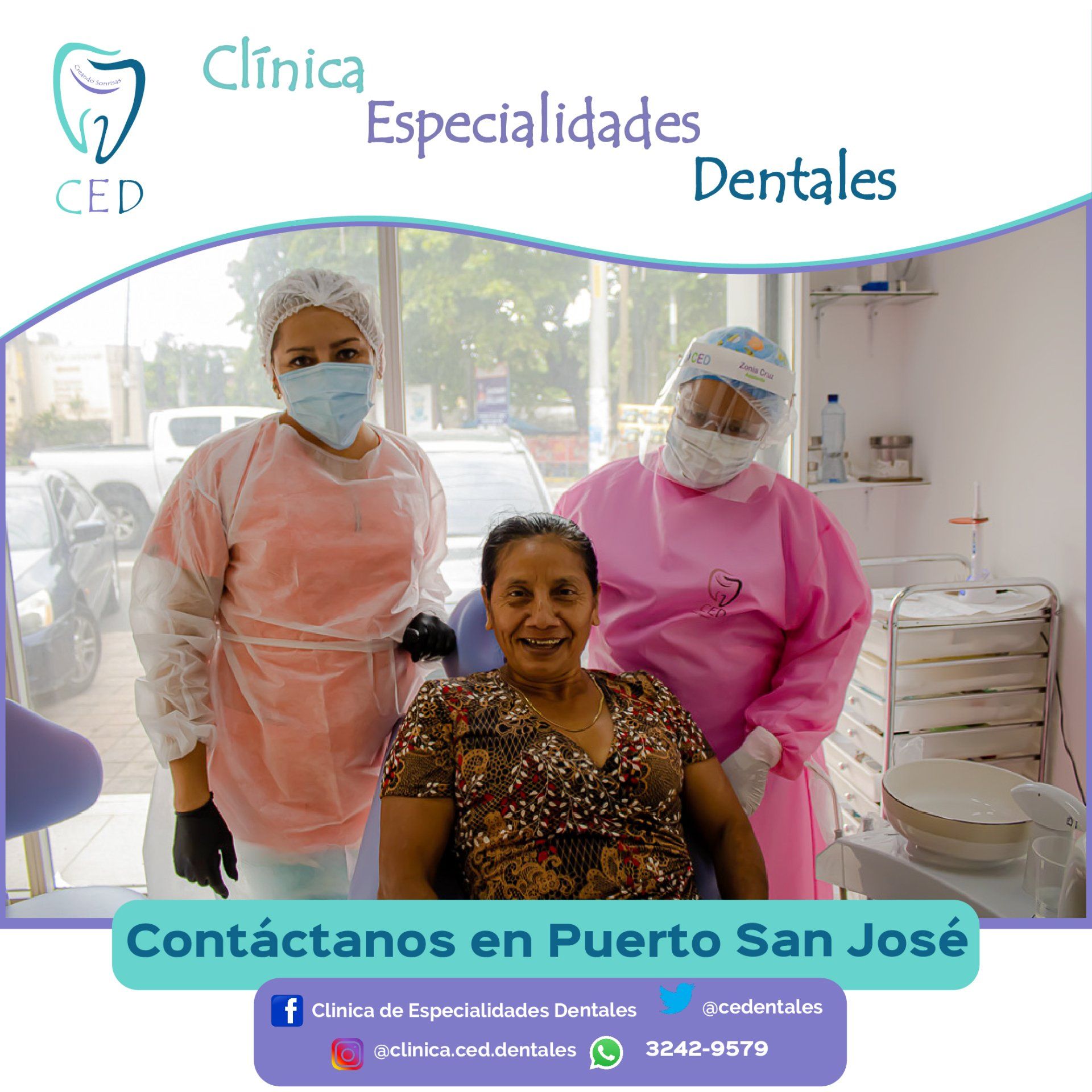 Campaña publicitaria promocional para una clínica dental que muestra a un paciente sonriente y personal con mascarillas, con un banner que dice 