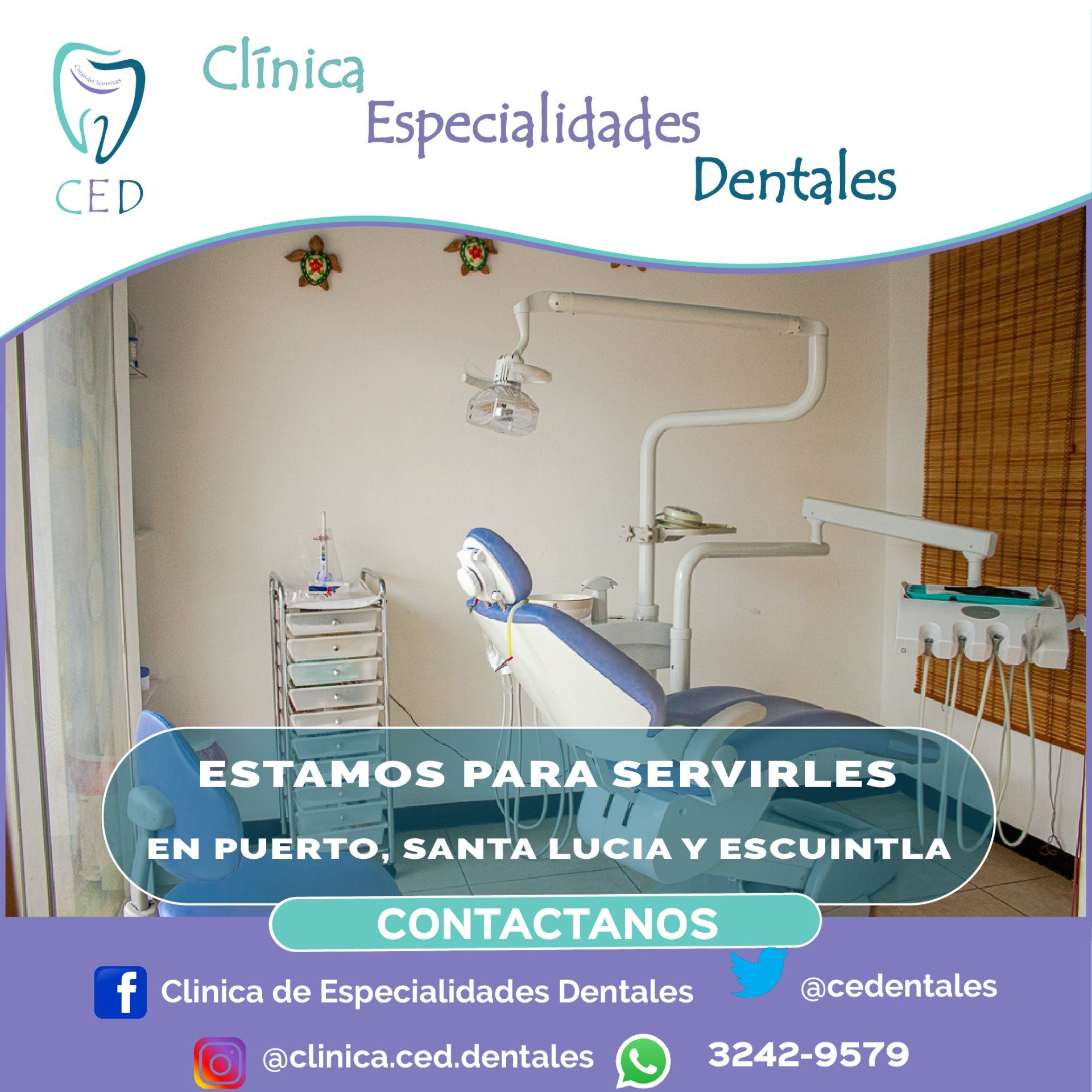 Sala de consulta dental con sillón, equipo y cartel de servicio “Estamos para servirles”.