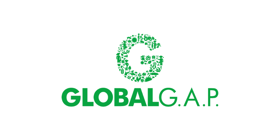 GLOBALG.A.P. logo in green text with a stylized leaf made of dots above it