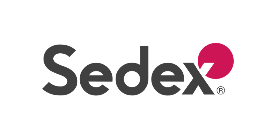 Sedex logo with dark gray text and a pink circular mark above the x