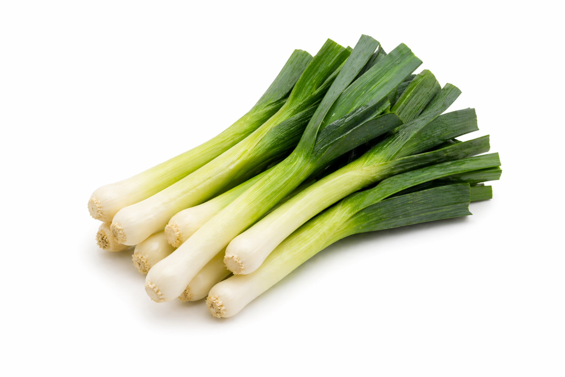 Fresh baby leeks with slender white stems and green tops